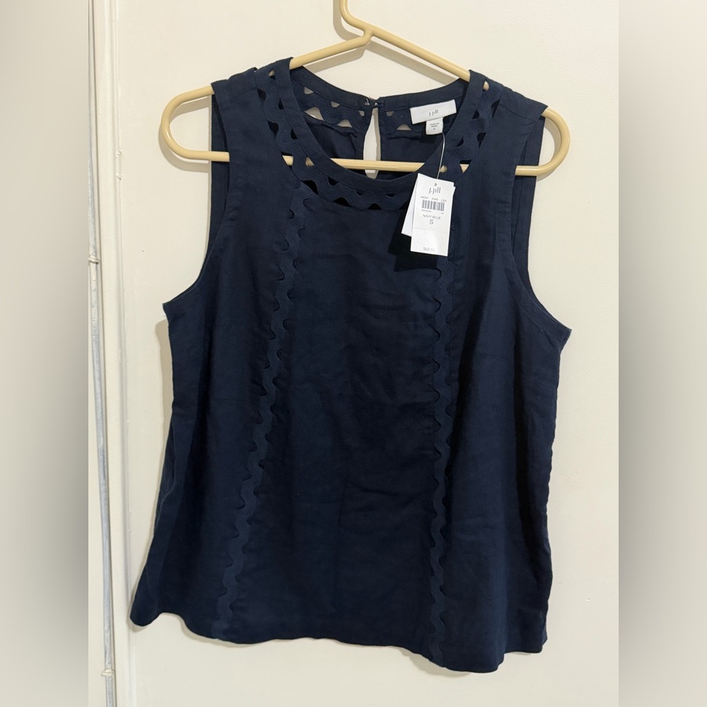 J.Jill navy blue sleeveless tank top with eyelet trim detail size S linen